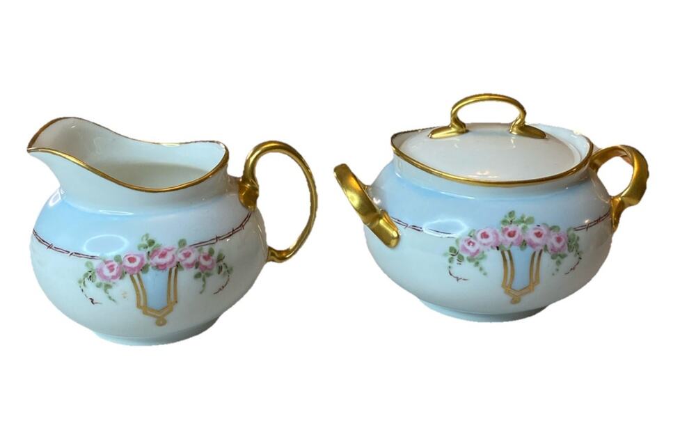 Sugar Bowl & Creamer Hutschenreuther LHS Favorite Bavaria Louise Floral Gold Vtg